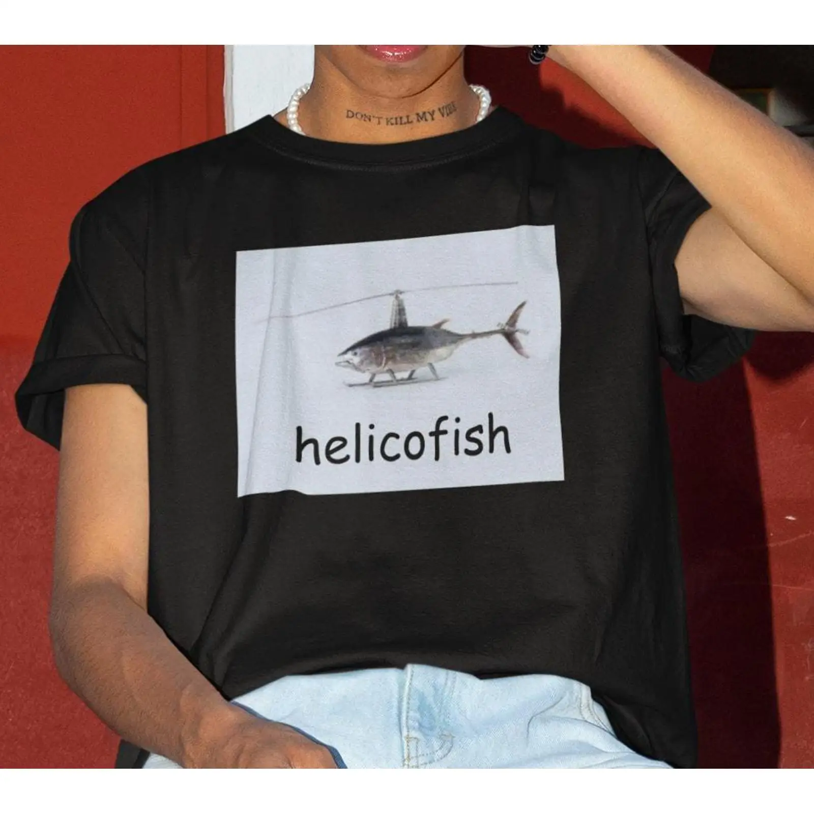 Helicofish Funny Meme T Shirt  - Vintage Fashion Gen Z ulasan dan harga