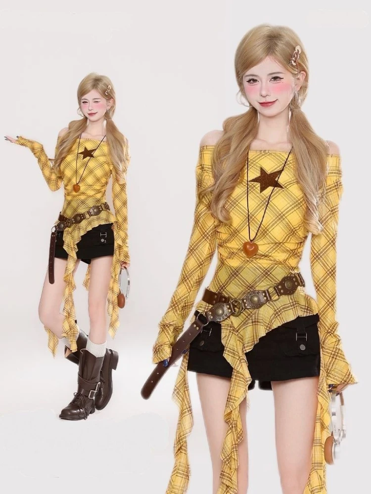 Y2K Plaid Slash Neck Vintage T - Usa Vintage Fashion ulasan dan harga