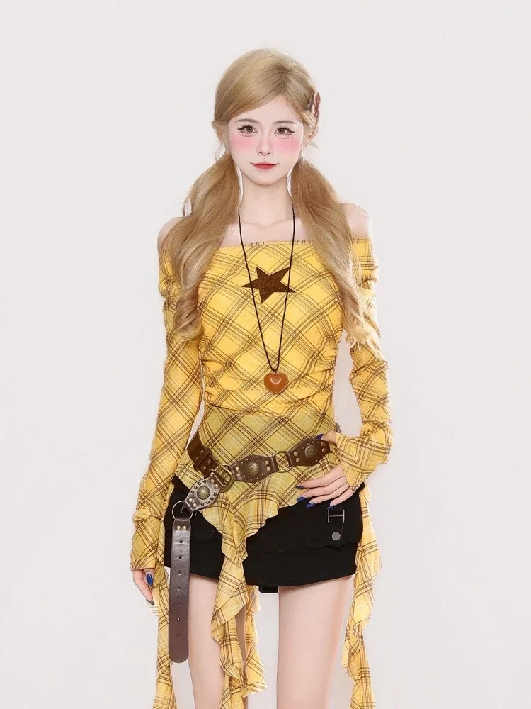 Y2K Plaid Slash Neck Vintage T - Usa Vintage Fashion ulasan dan harga
