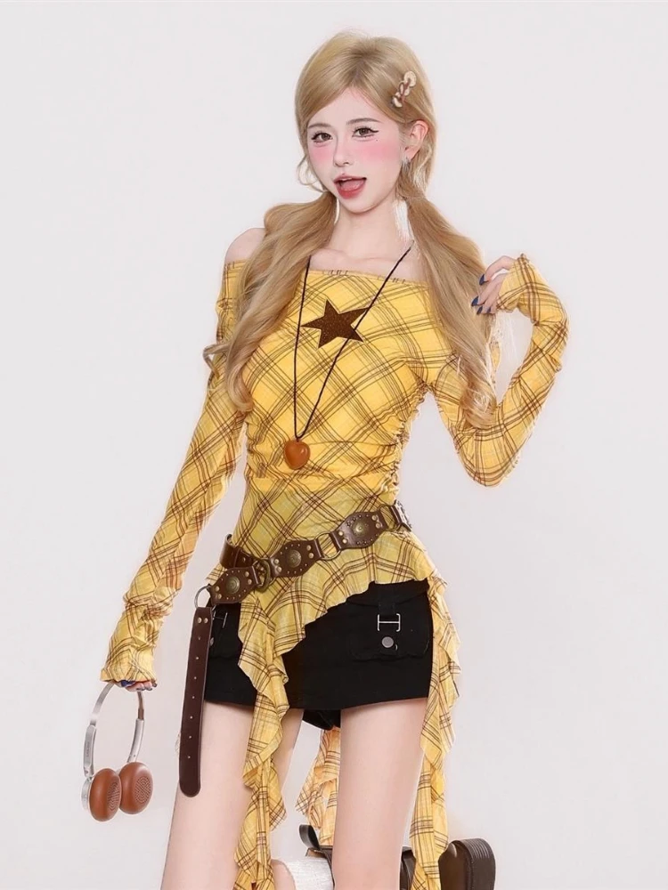 Y2K Plaid Slash Neck Vintage T - Usa Vintage Fashion ulasan dan harga